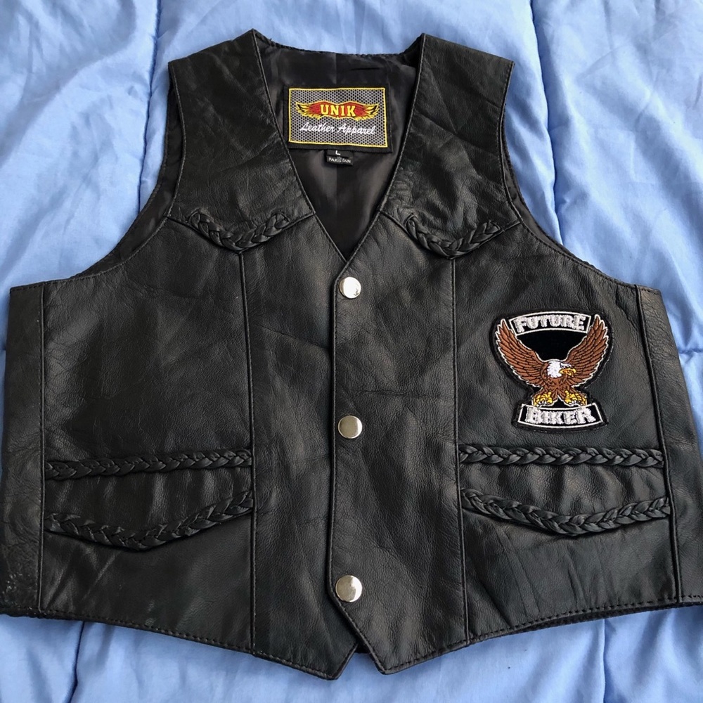 UNIK BLACK LEATHER MOTORCYCLE VEST KIDS L